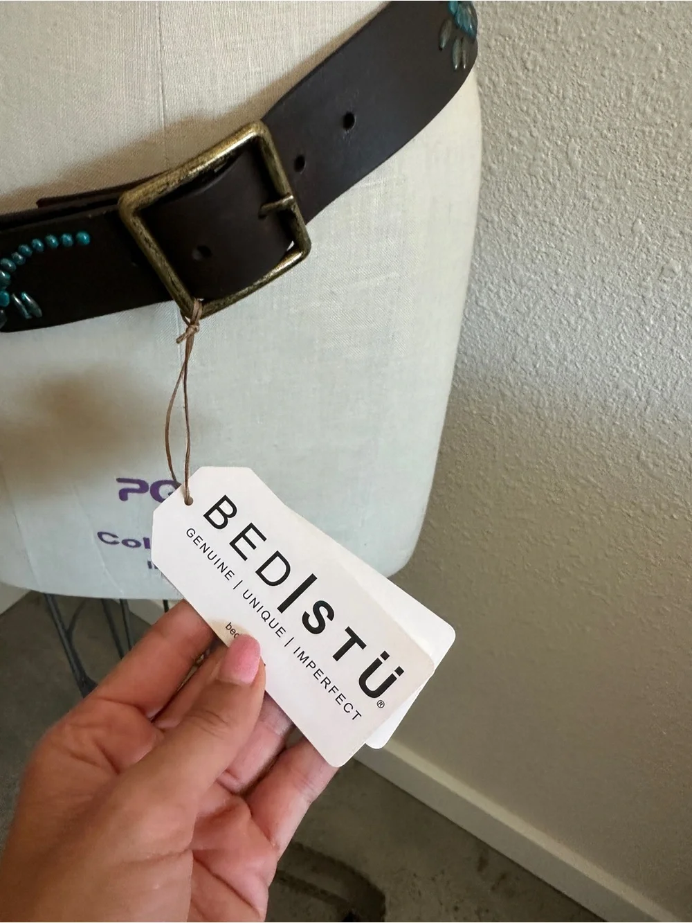 BED|STU Hudson NWT Brown Leather Belt with Turquoise Stud Detailing medium